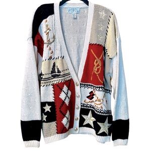 Casual Corner Vintage Nautical Cardigan Sz Large Embroidered Whimsical 90’s era